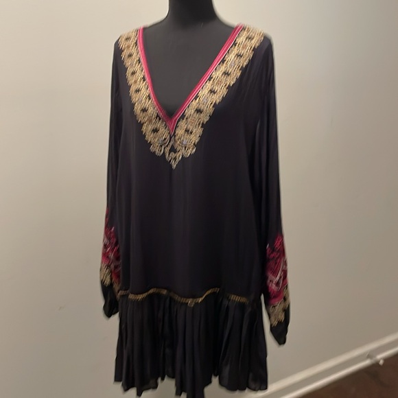 Free People Wild One Peasant Mini Dress SizeS Black Gold Embroidered Drop Waist - Picture 2 of 16